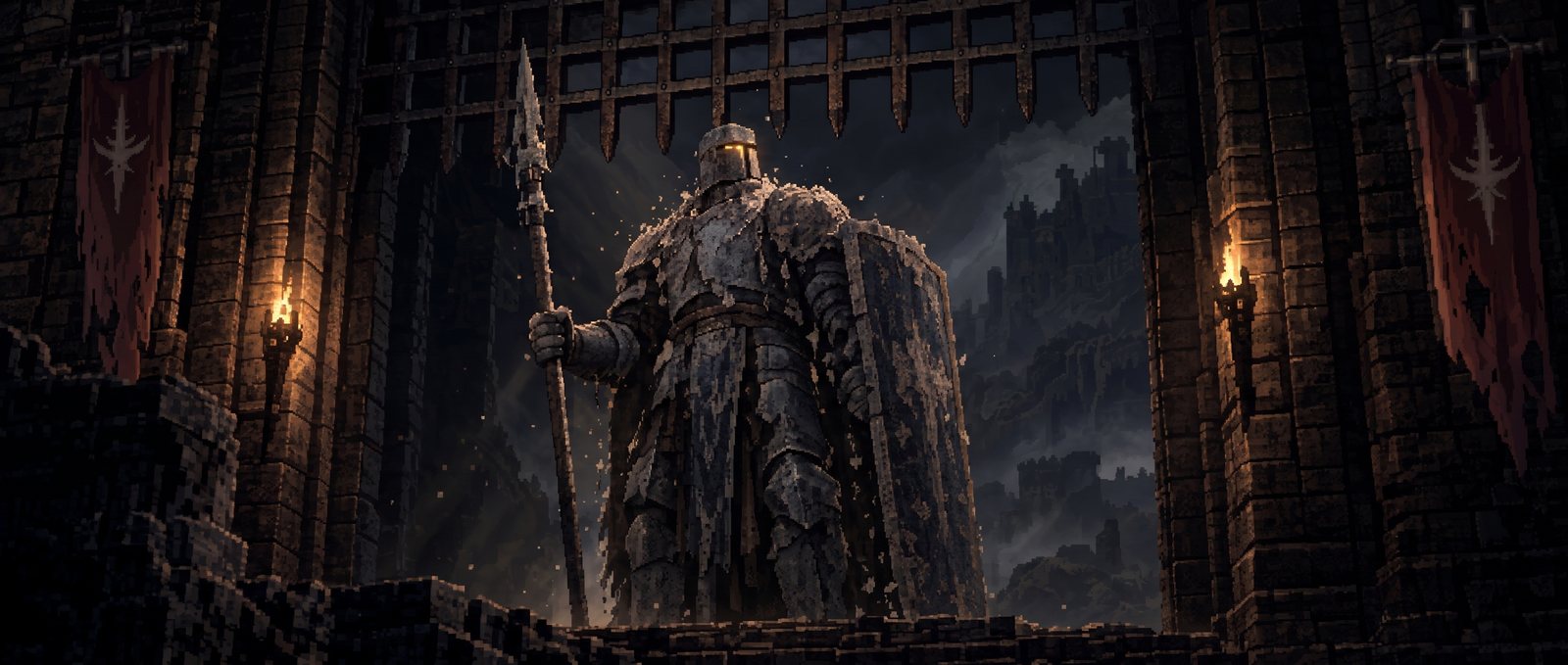 Pixel art poster: an armored knight with a spear beneath a torch-lit castle gate
