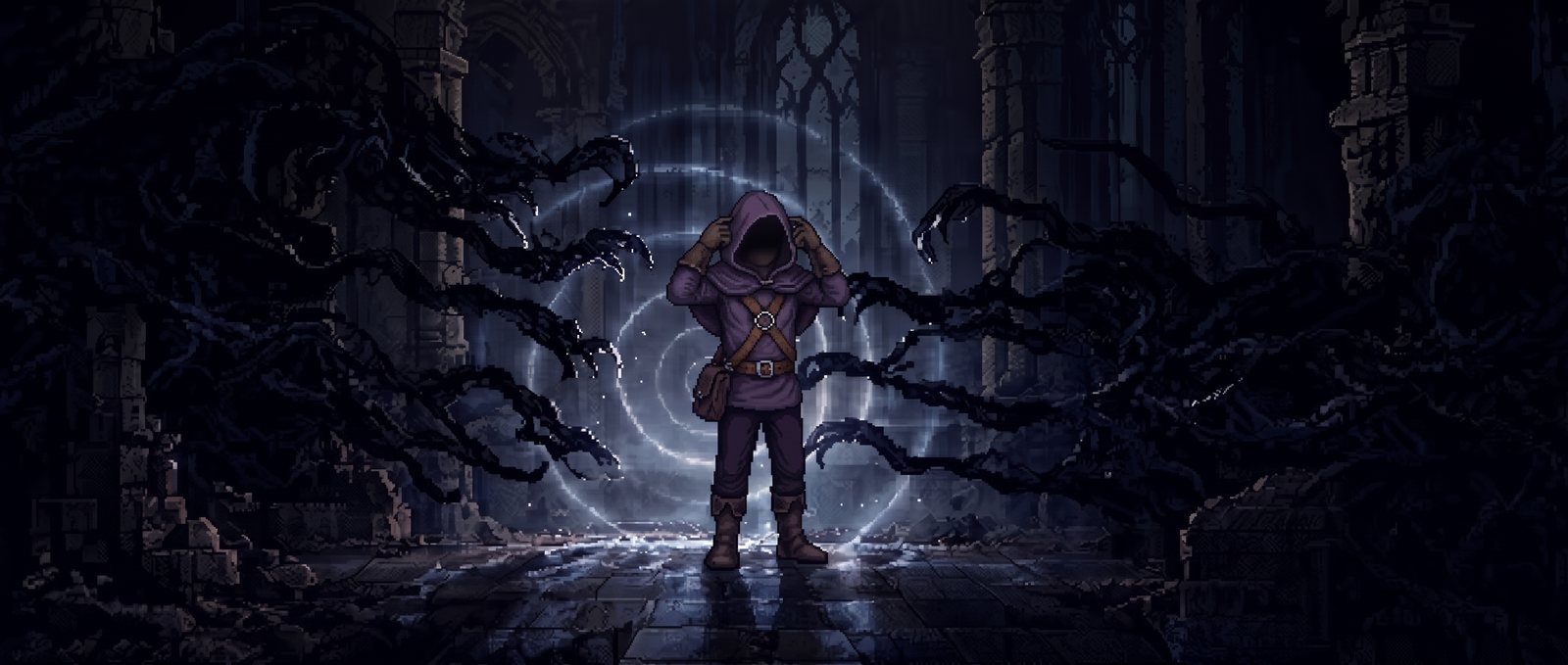 Pixel art poster: a hooded figure before a glowing spiral portal