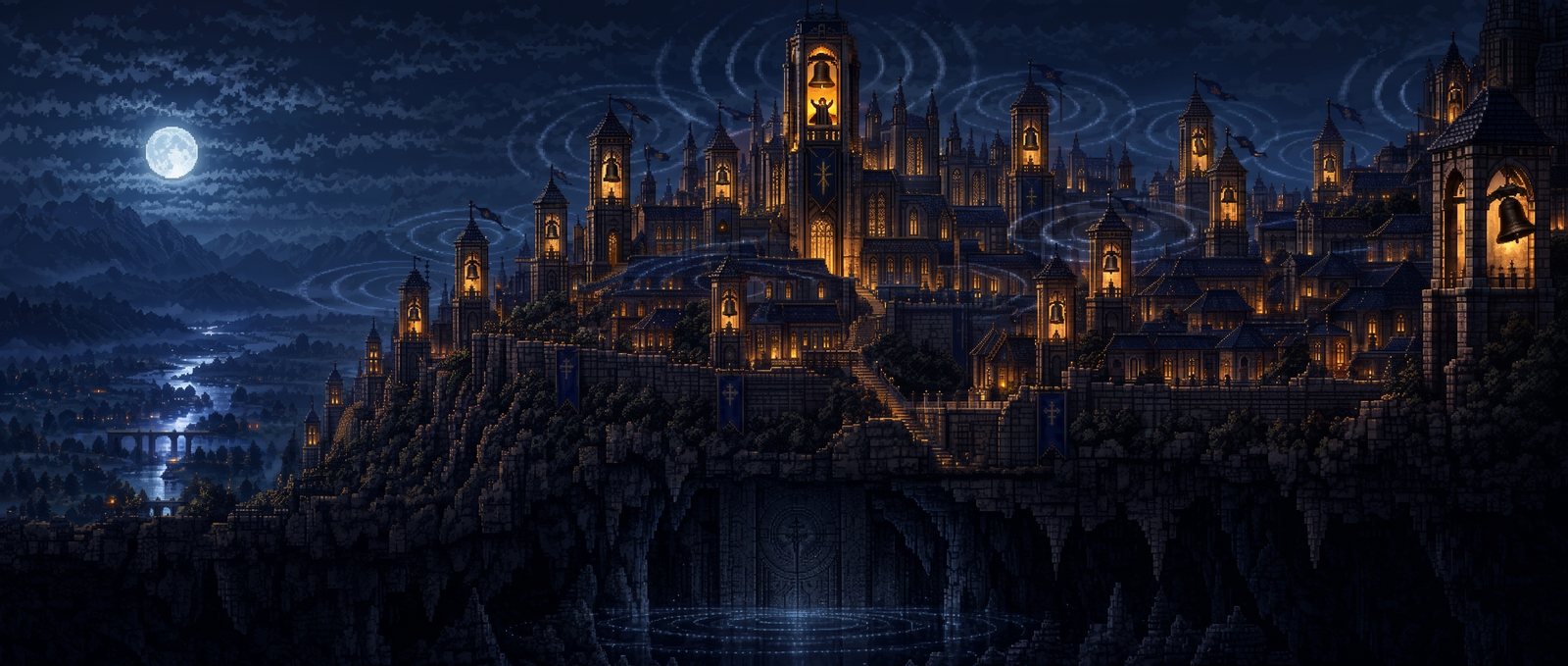 Pixel art: a moonlit cliffside city of glowing bell towers above a winding river at night