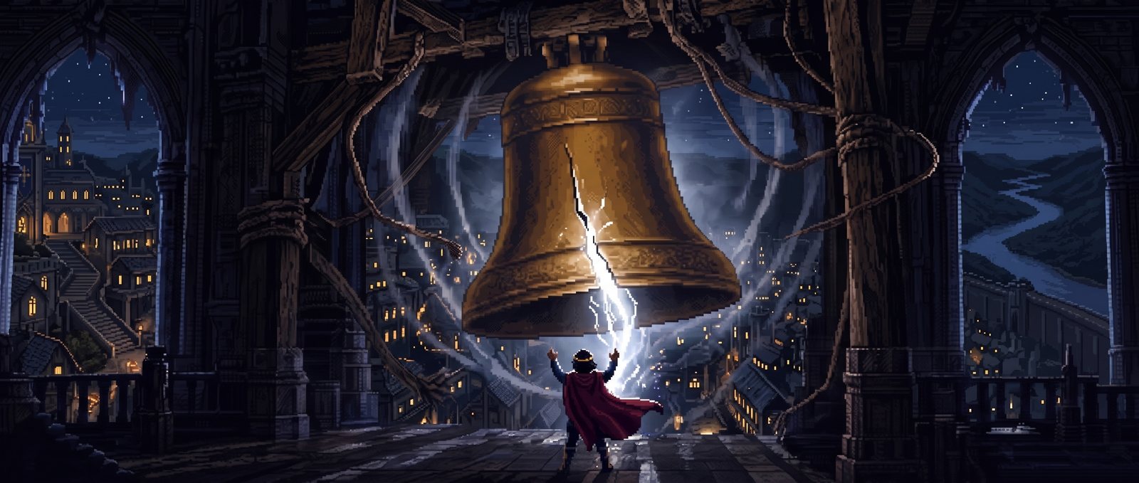 Pixel art: a red-caped figure beneath a giant cracked bronze bell split by lightning in a bell tower over a night city